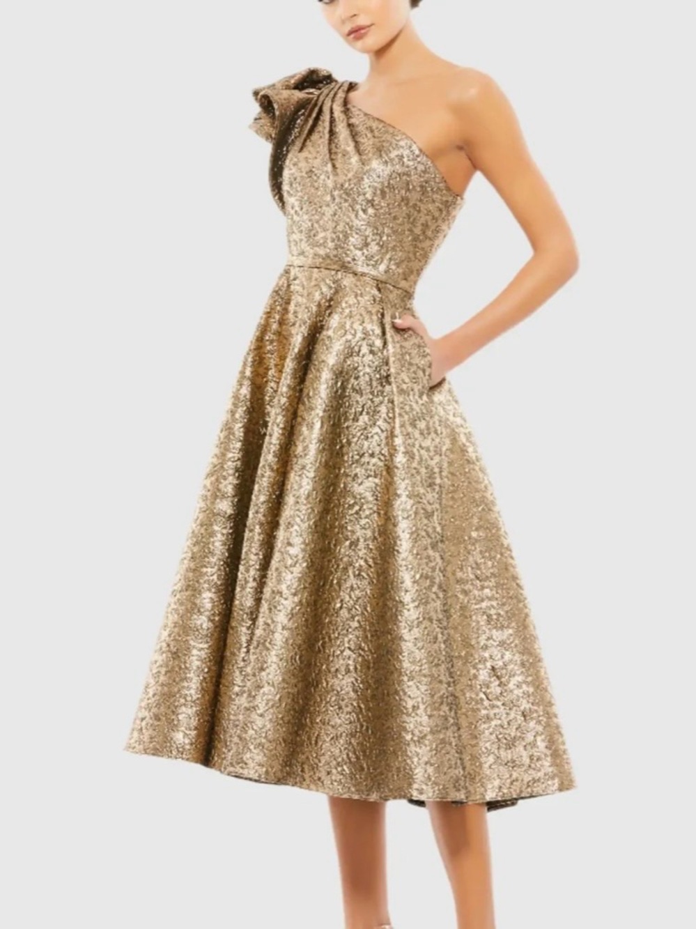 New Mac Duggal Gold One Shoulder Bow Midi Dress With Pockets - Picture 2 of 11